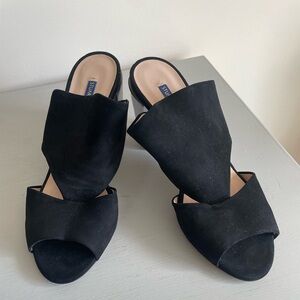 Stuart Weitzman black suede slides with acrylic heel